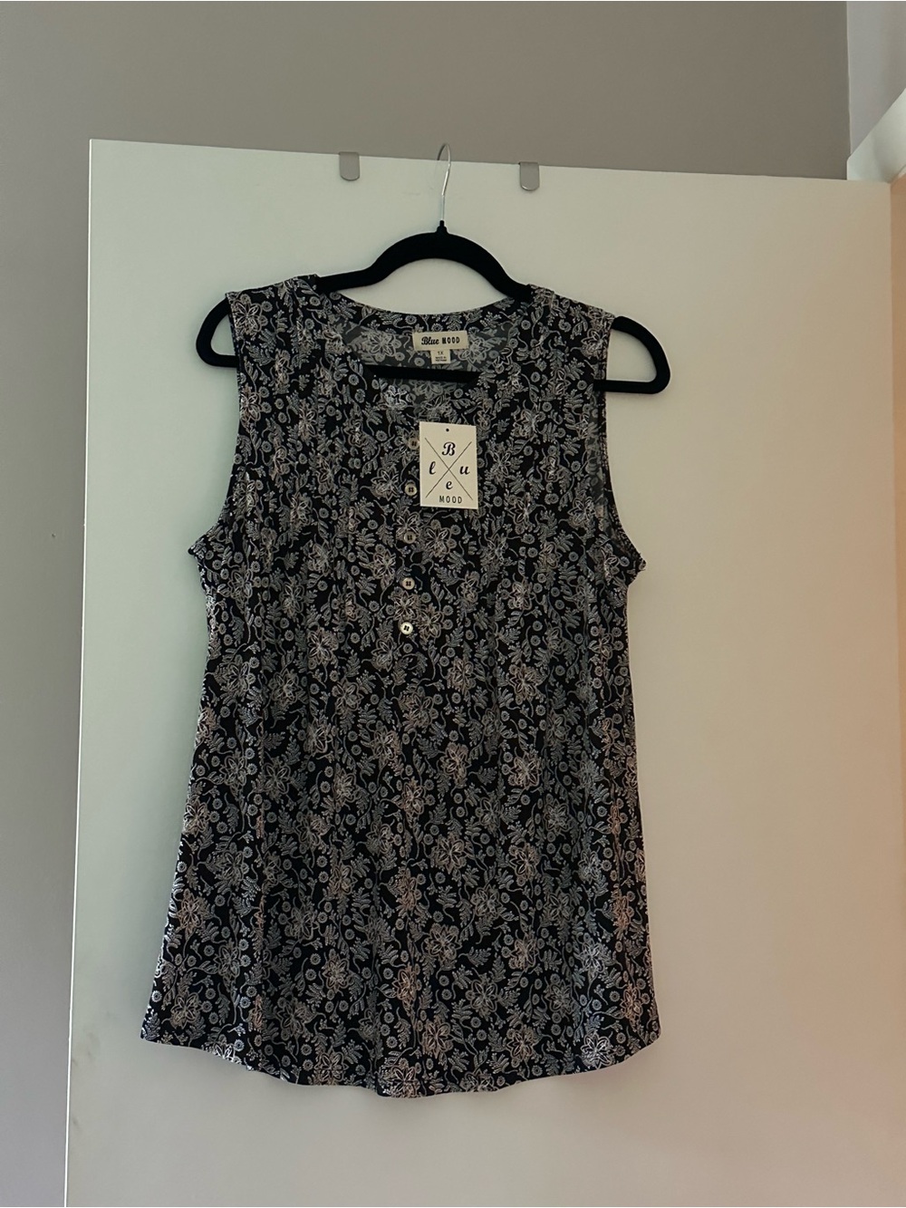 Sleeveless Black Floral Button-Front Top by Blue Mood